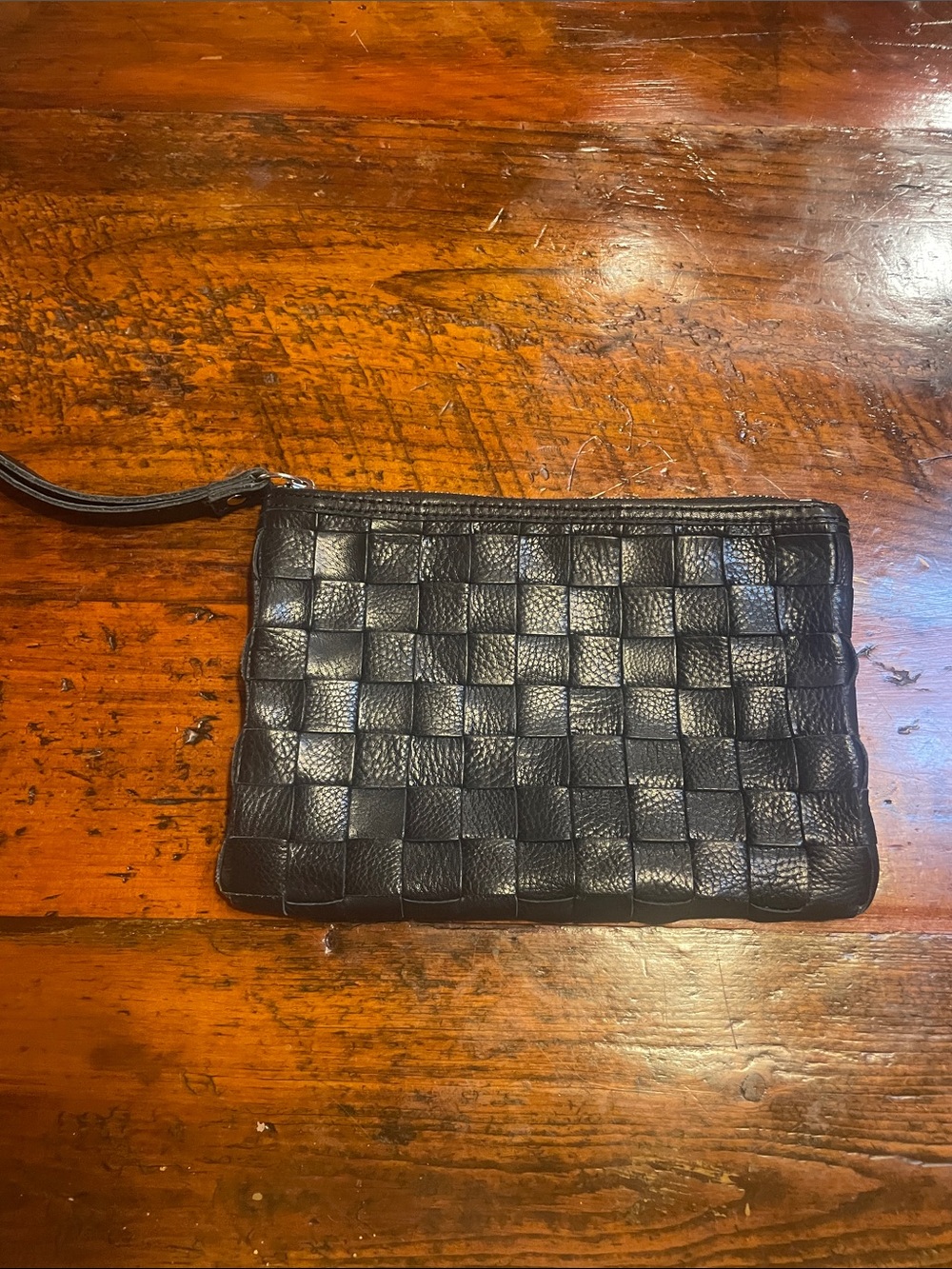 Black Woven Leather Wristlet Pouch mint 8x6 Margot